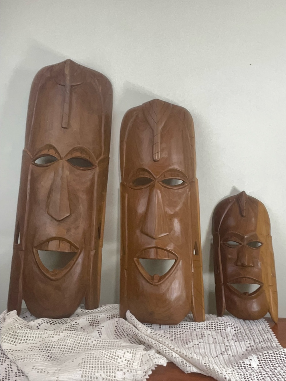 Hand-Carved Brown Wooden Tribal Wall Mask - Set of 3